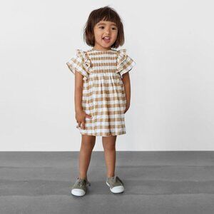 Zara Toddler Gingham Plaid Ruffle Trim Dress Mustard/Cream